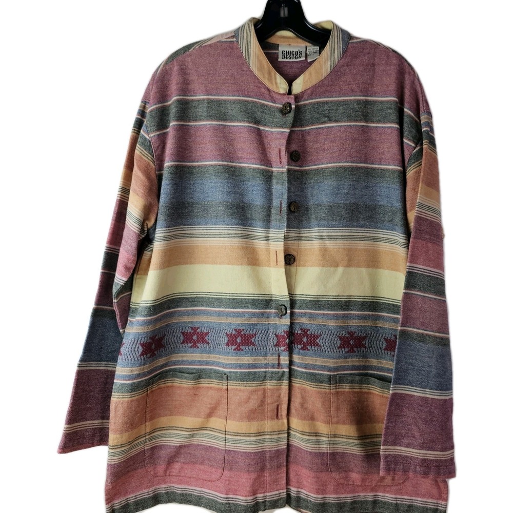 Chicos Design Boho Southwestern Aztec Barn Shirt Jacket Button Front 2 L Cotton